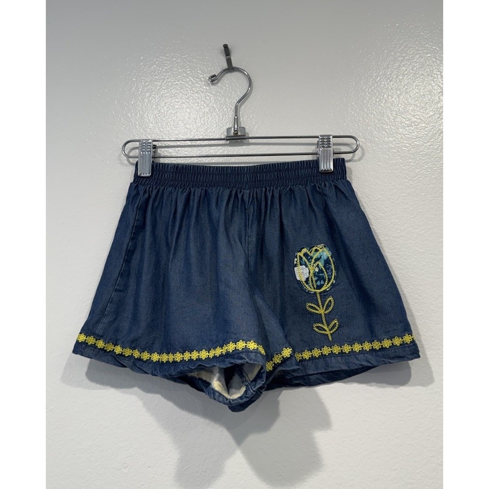 PEEK Girls Embroidered Chambray Shorts Size 6 7 Pull On Elastic Waist Retro Boho